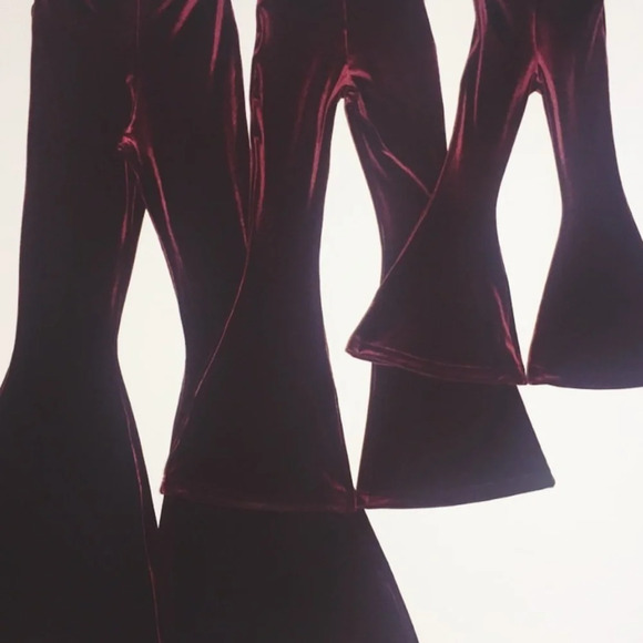 SHORT LENGTH High Waisted Velvet Bell Bottoms in Wine - Rocker Boho Disco Hippie - Picture 3 of 6